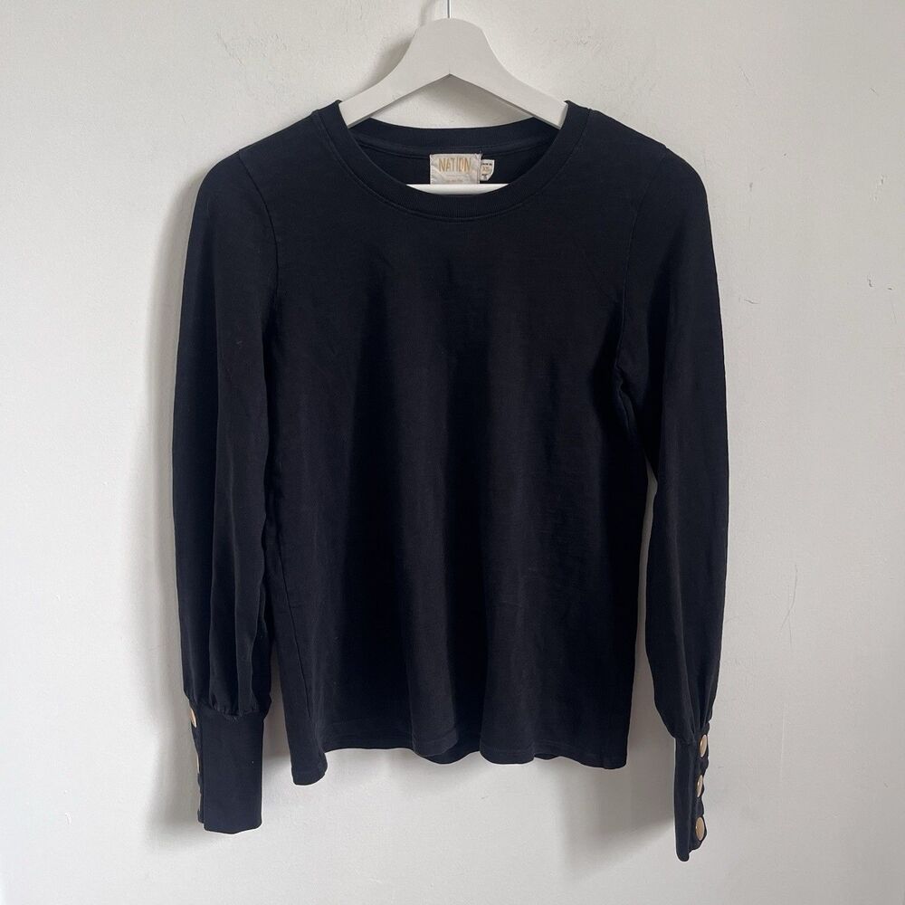 NATION Ltd Shir Johnnie Snap Long Sleeve Tee Top Sz XS Black Pullover Crew Prepp